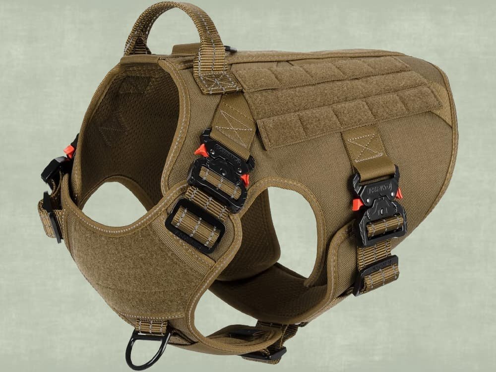 ICEFANG Tactical Dog Harness with 4X Metal Buckle,Working Dog MOLLE K9 Vest with Handle,No Pulling Front Clip,Adjustable Pet Harness for Large Dogs (L (28"-35" Chest), Brown)
